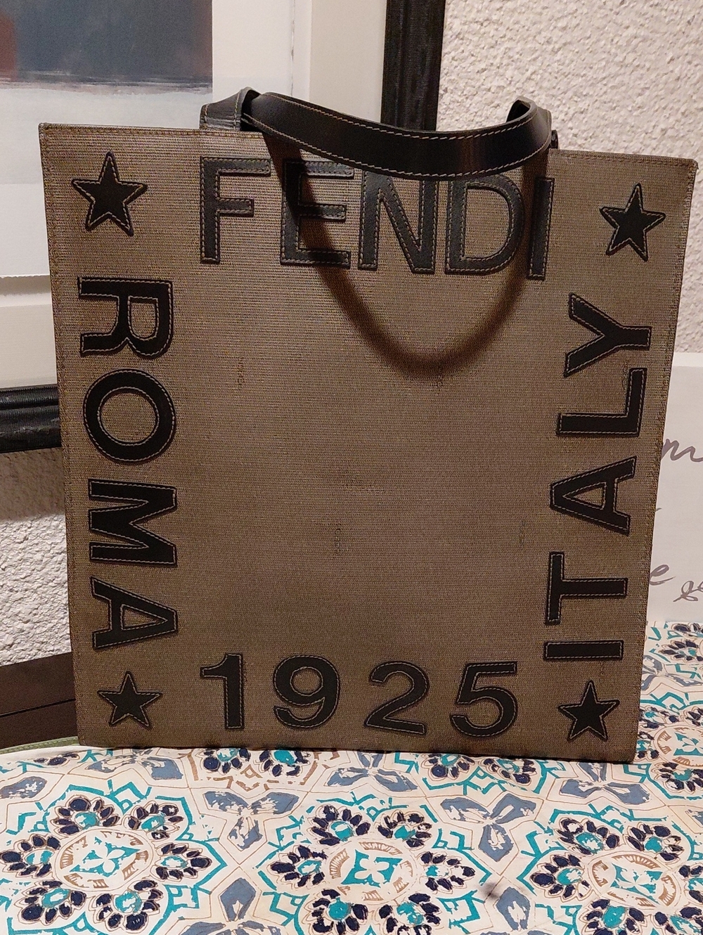 (RARE)FENDI Beige and Black Canvas Tote Bag with Leather Handles